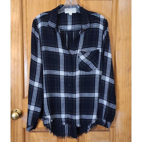 Cloth & Stone Anthropologie Shirt Womens Small 100% Viscose Flannel Frayed Hem - Picture 1 of 9